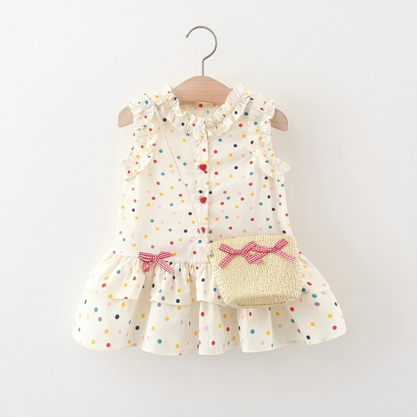 Cotton Dress for Baby Girl Heart Shaped Button Colorful Dress