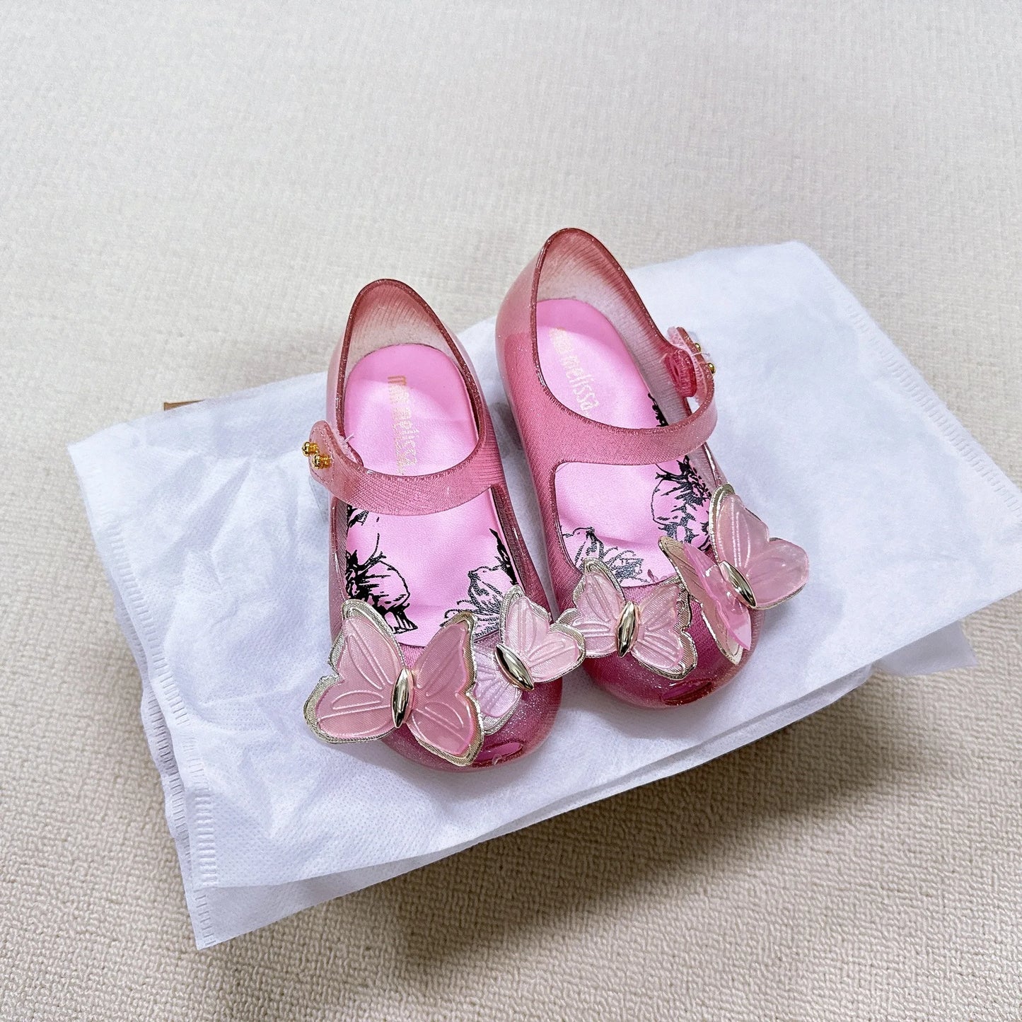 Children's Fashion Shoes Pink Metal Sequins Three-dimensional Butterfly Rhinestone Jelly Girls' Beach Sandals Trendy Shoes