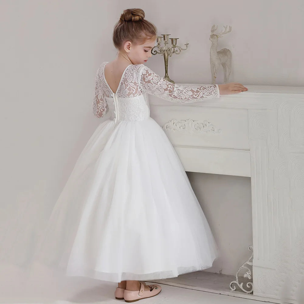 Elegant White Long Sleeve Lace Flower Girl Embroidered Princess Dress
