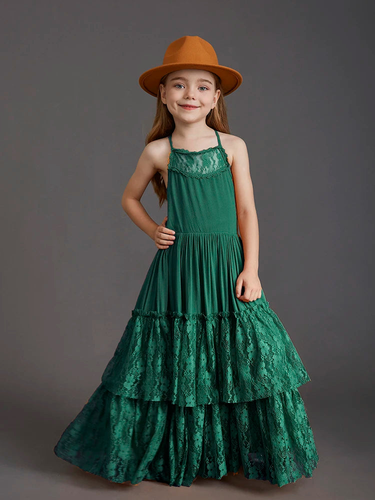 Plus Size Princess Girls Lace Long Dresses Baby Kids Flower Wedding Party