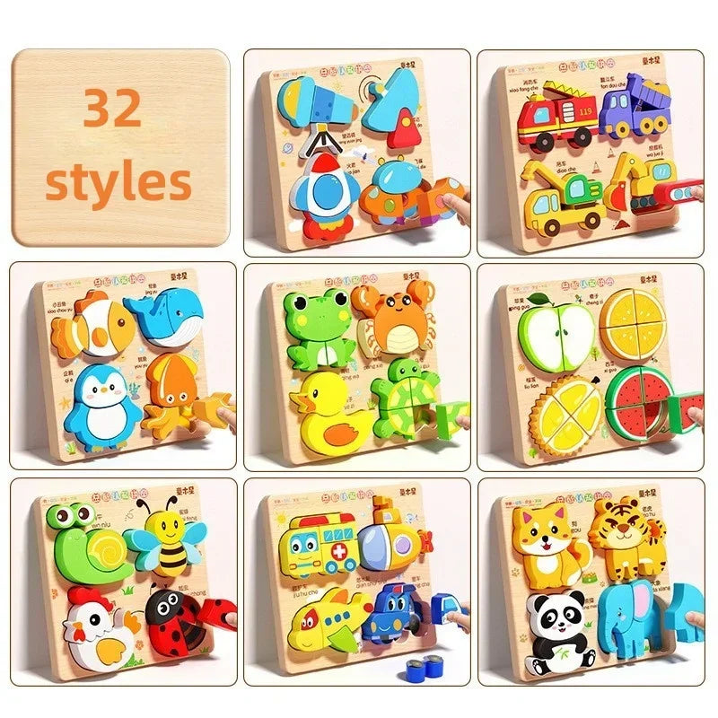 Montessori Cartoon 3D Wooden Puzzle Animal Traffic Jigsaw Toys