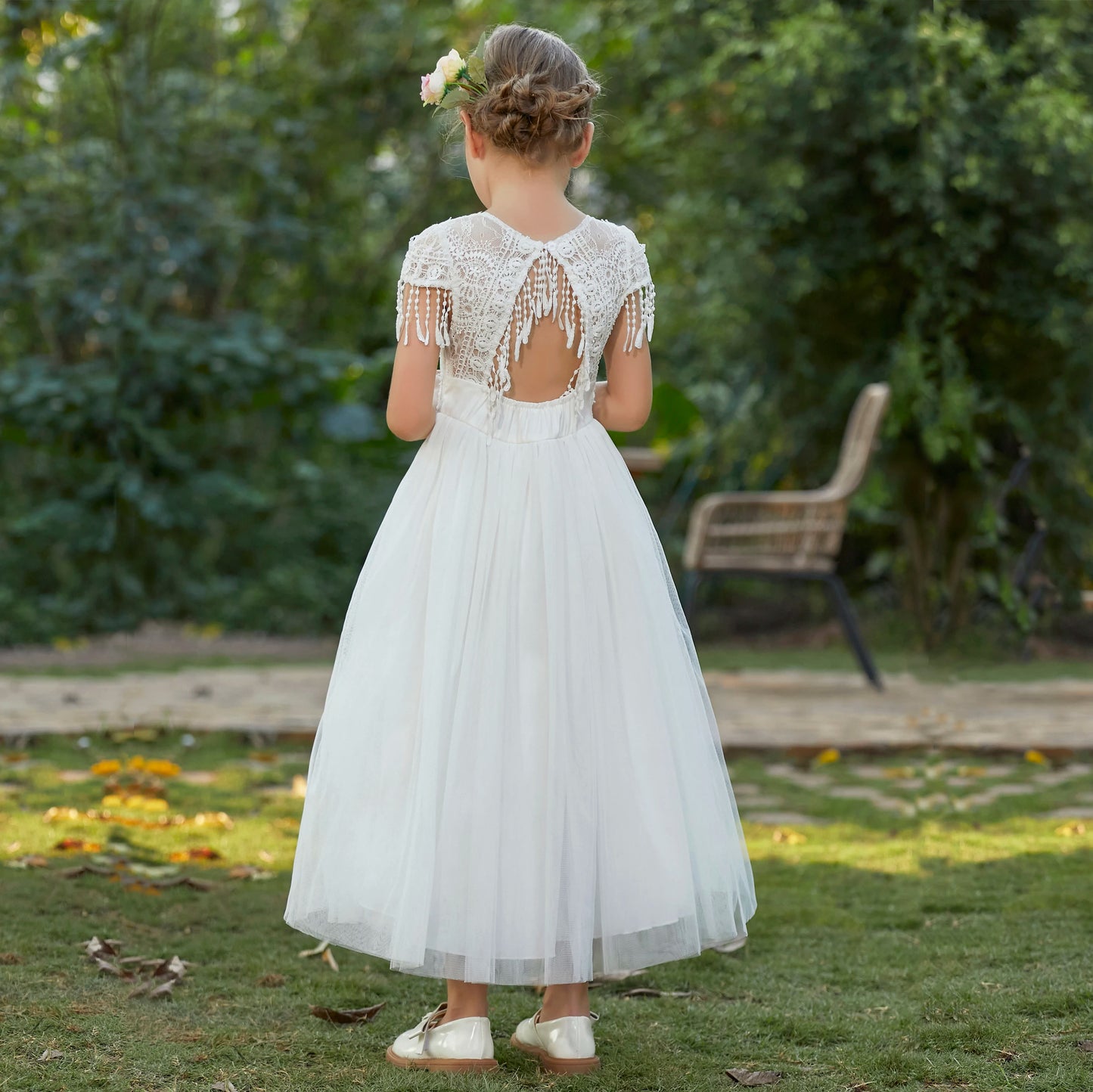 Christmas Girl's New Bohemian Style Lace Tassel Flower Backless Solid Color Dress