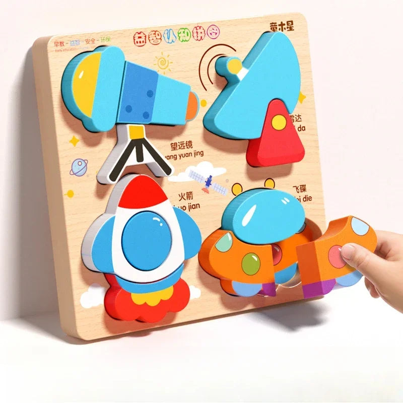 Montessori Cartoon 3D Wooden Puzzle Animal Traffic Jigsaw Toys