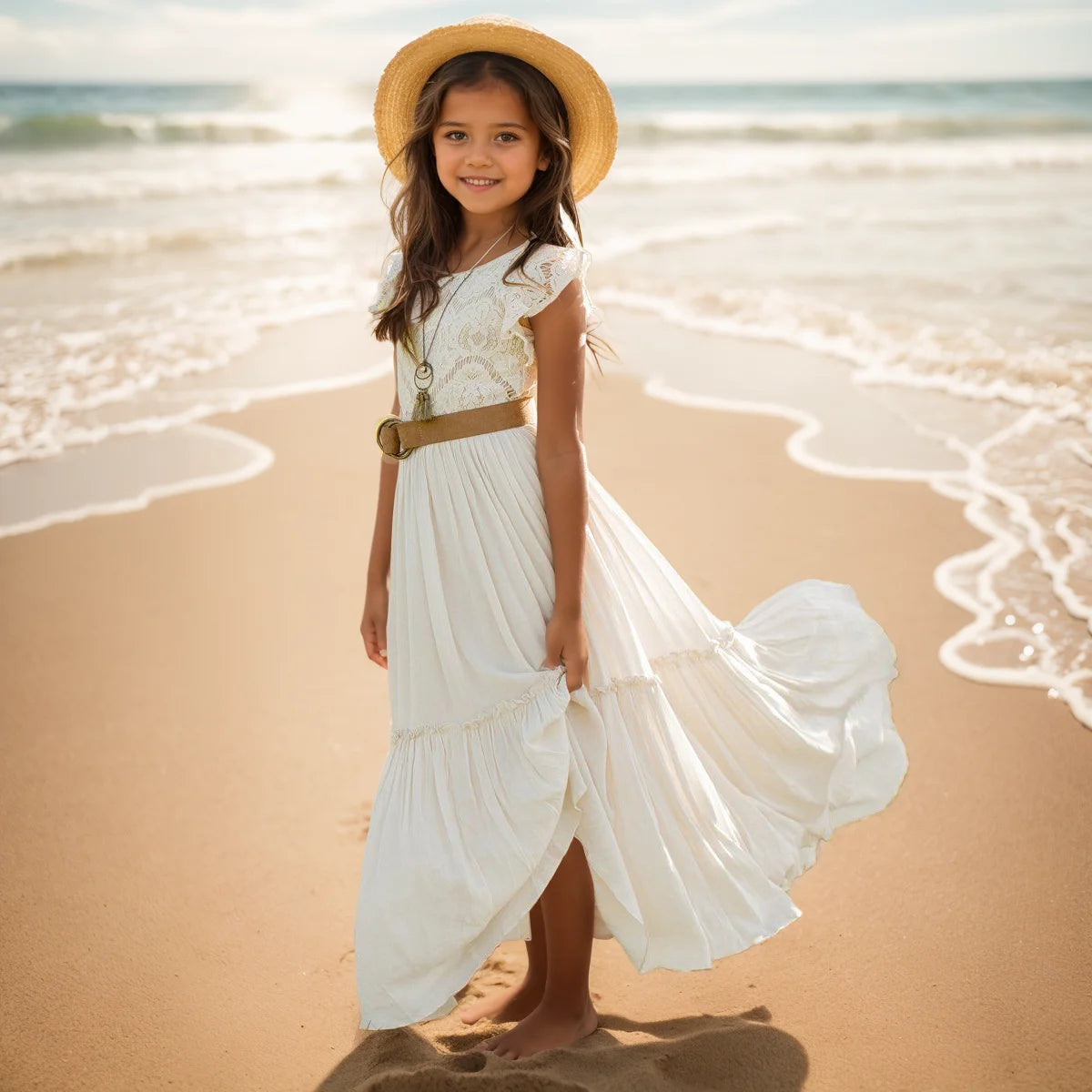Girls Lace Bohemia Long Dresses Baby Kids Flower Wedding Princess Dress