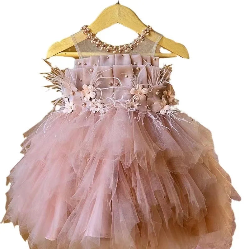 Baby Girl Party Dress Princess Birthday Clothes Back Bow Wing Solid Color Strap Dress Summer Mesh Baby Dress