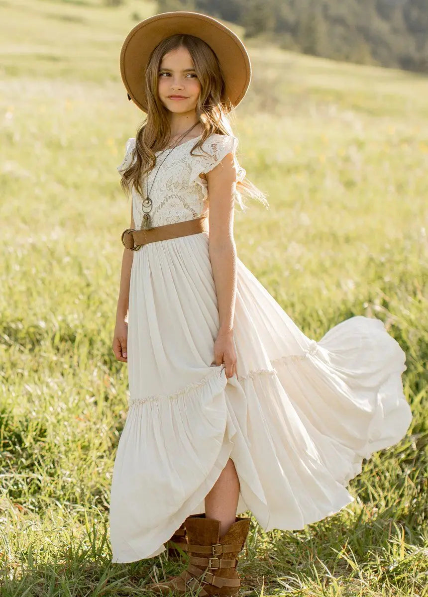 Girls Lace Bohemia Long Dresses Baby Kids Flower Wedding Princess Dress