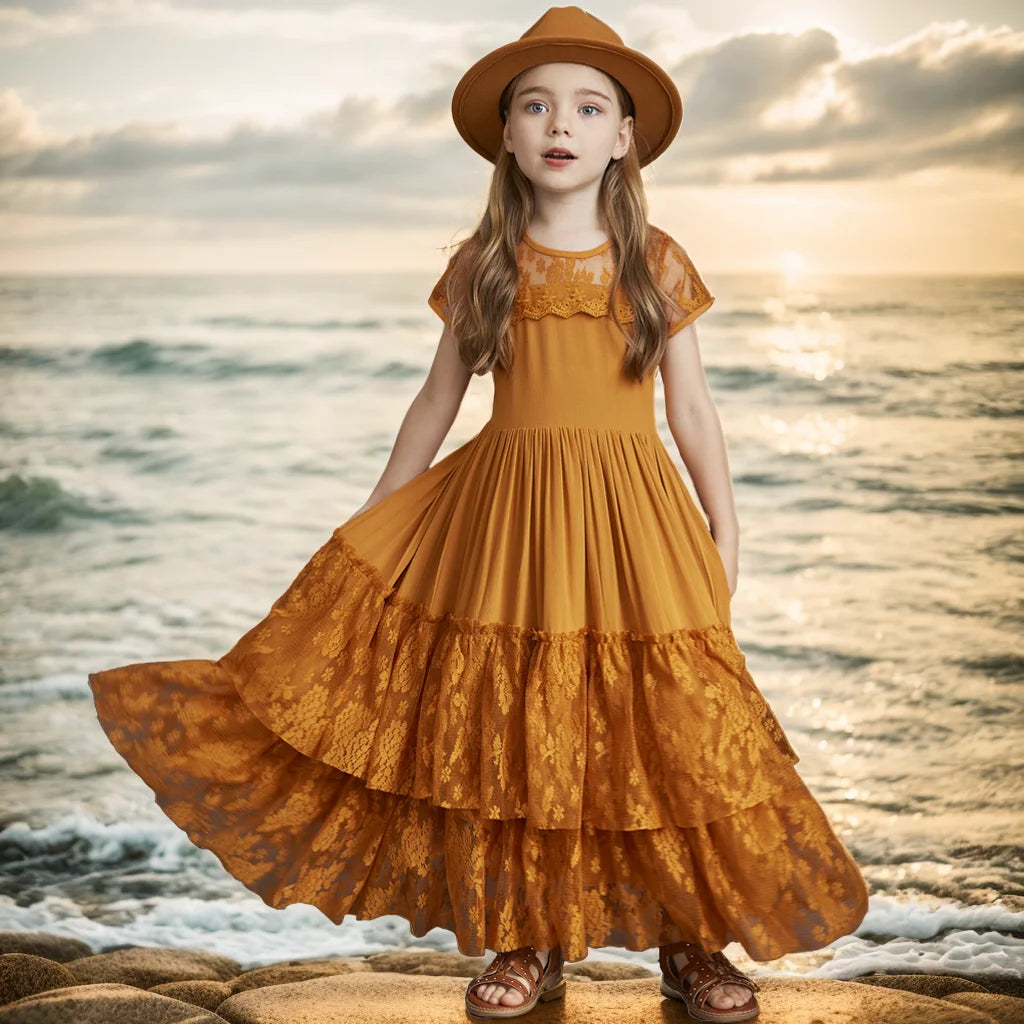 New 2024 Princess Girls Short Sleeve Lace Long Floor Dresses