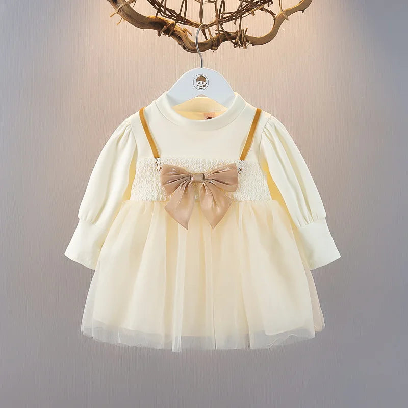 Elegant Baby Girl's Dress Spring Autumn Long Sleeved Princess Style Birthday Party Clothes Sweet Big Bow Lace Children's Dress