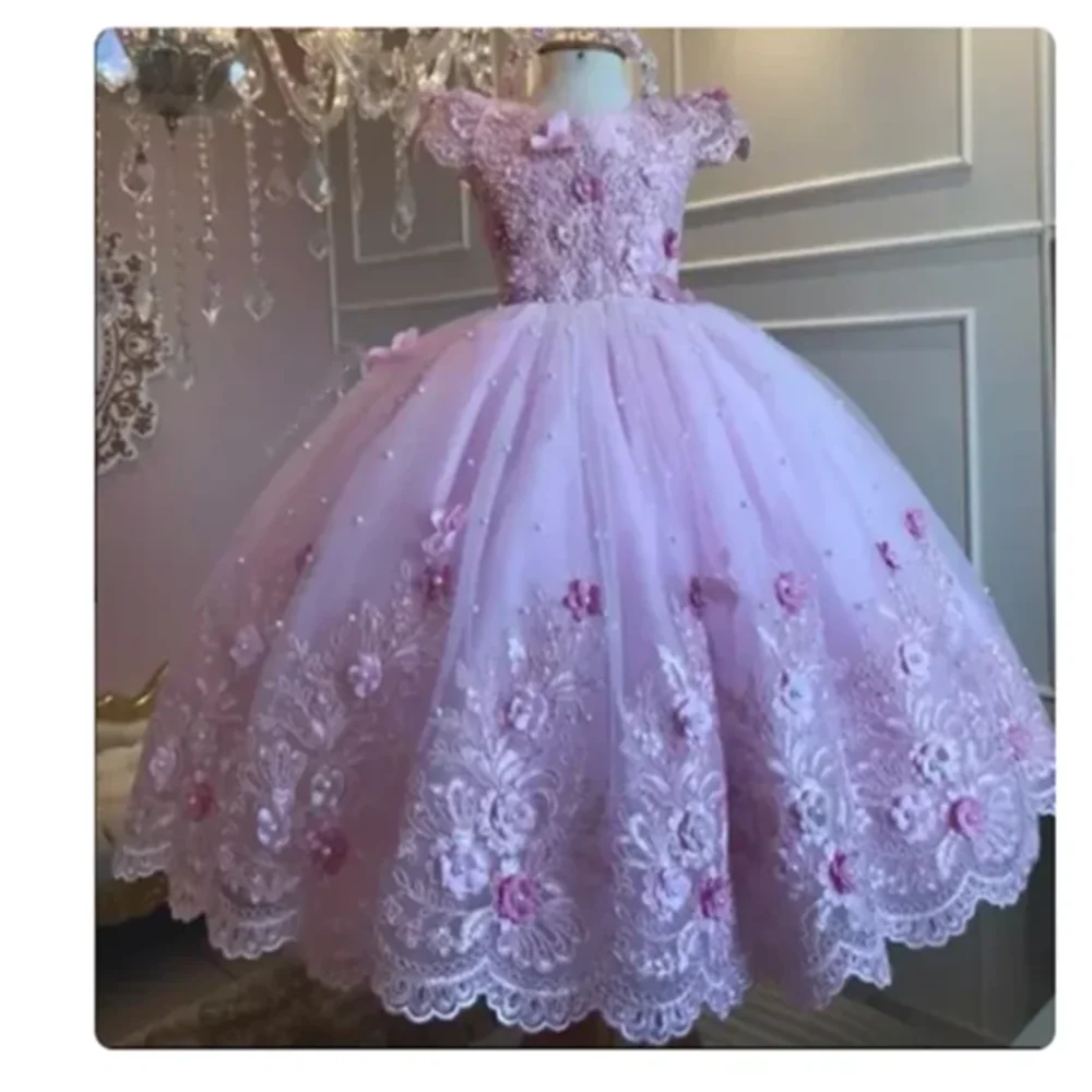 Baby Girls Dresses Off Shoulder Pearls Lace Butterflies Flower Princess Dress