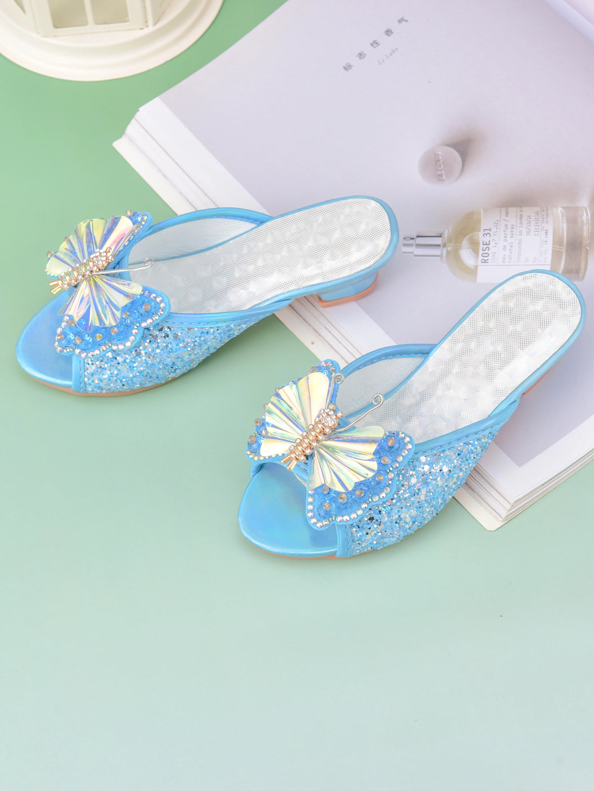 Girl's princess high-heeled slippers with bow and crystal design, children's shoes
