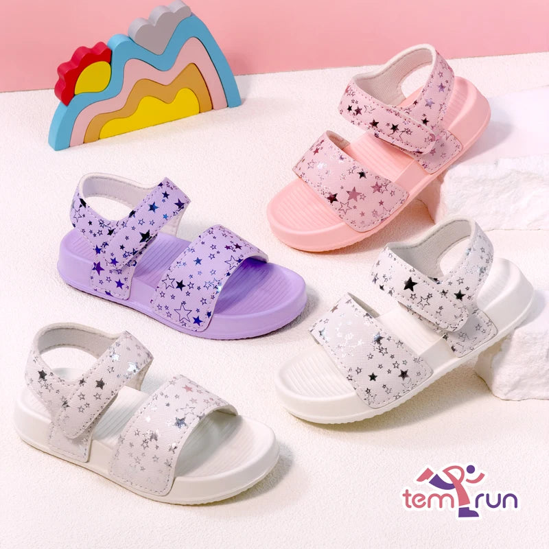 Girls' Shiny Star Outdoor Sandals Summer Printed Soft-Soled Non-slip Slippers Open-Toe Durable Baby Beach Shoes