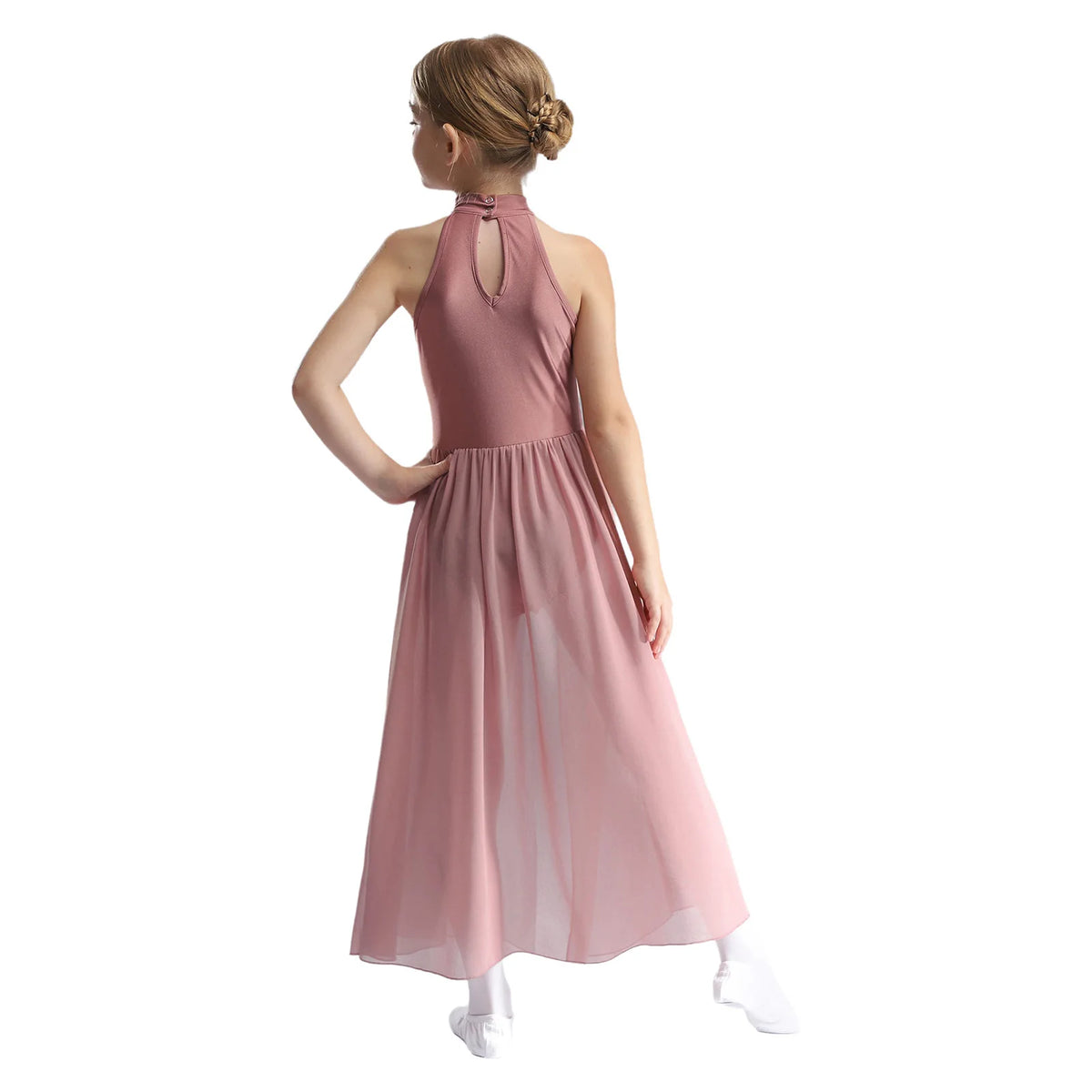 Girls Delicate 3D Flower Lyrical Dance Dress Asymmetrical Ruched Long Dress Gymnastics Modern Dance Clothes Performance Dress