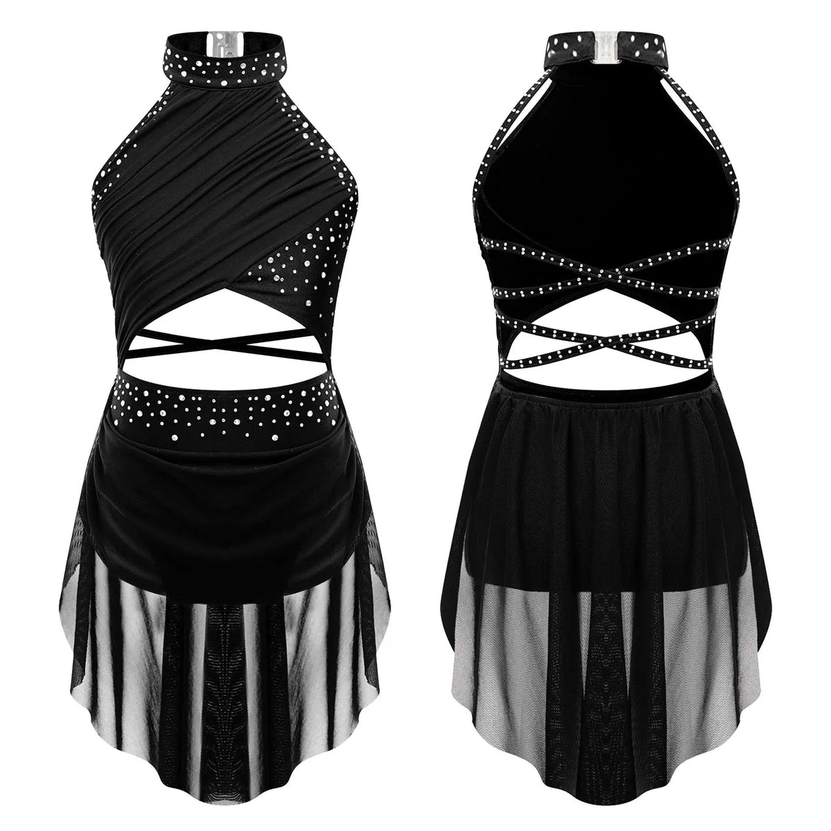 Girls Modern Lyrical Jazz Dance Dress Ballet Gymnastics Skating Performance Costume Kids Cut Out Dancing Leotard Tutu Skirted