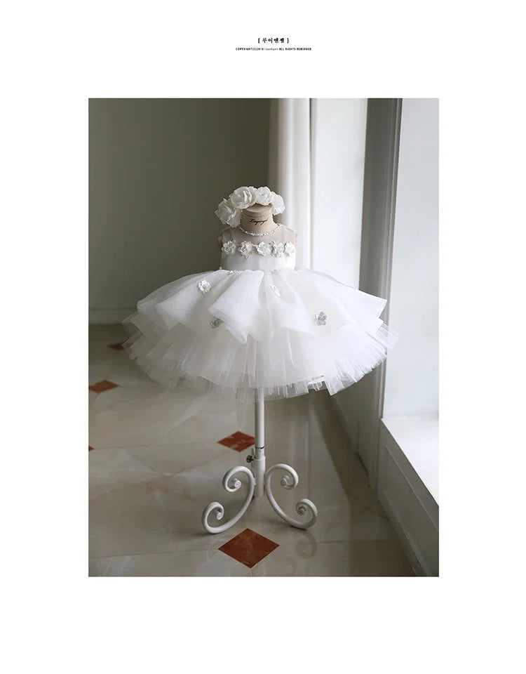 Newborn Baptism Dress For Baby Girl White First Birthday Party Wear 3D Flower Toddler Girl Christening Gown Wedding Vestidos