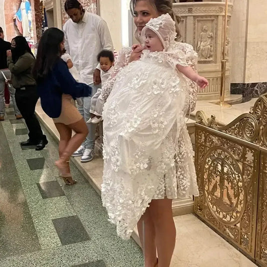 Customized Baptism Dress Baby Girls Robe Lace Christening Gown With Bonnet Off