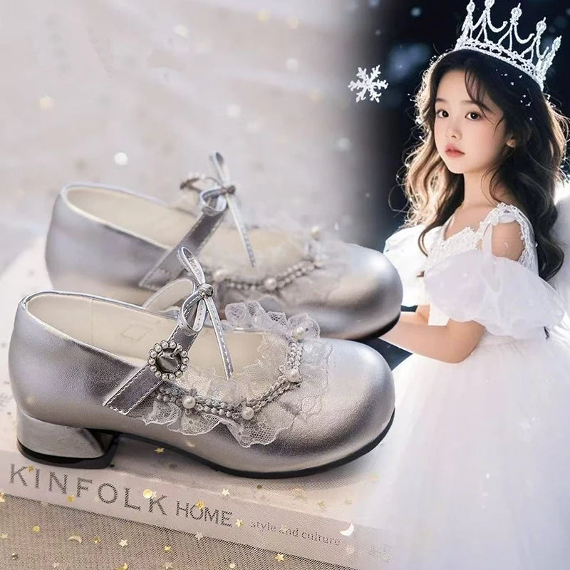 Girls Dance Dress Shoes for Party Wedding Kids Princess Shoes High Heels 2026 Brand New Children Leather Shoes Round Toes Soft