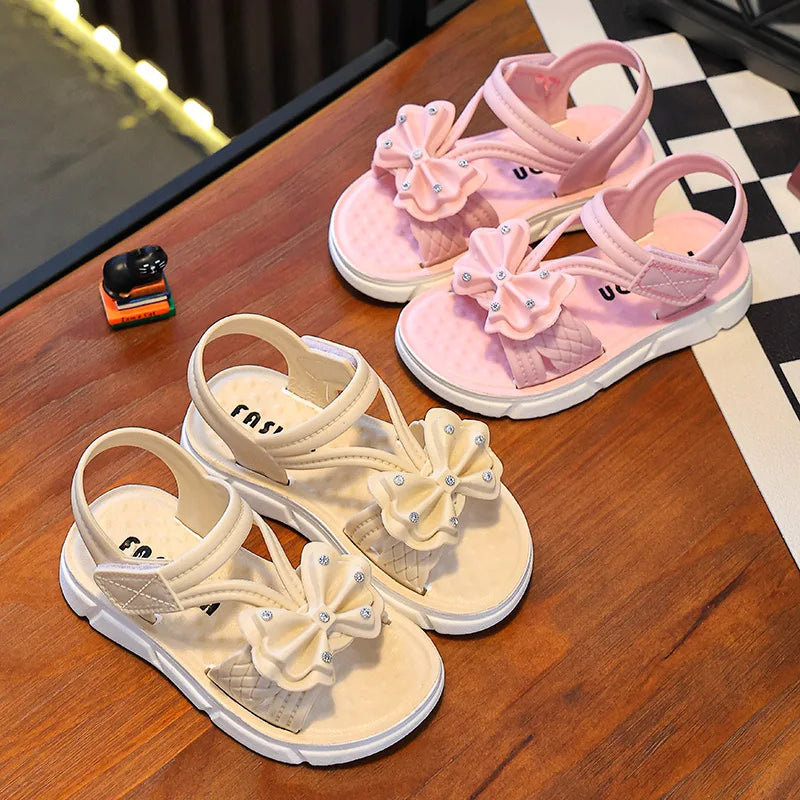 New Summer Bow Pearl Ornament Flat Sandals For Girls Aged 1-7 Children Slippers Non-slip Outdoors Seabeach Flip Flops Kids Shoes