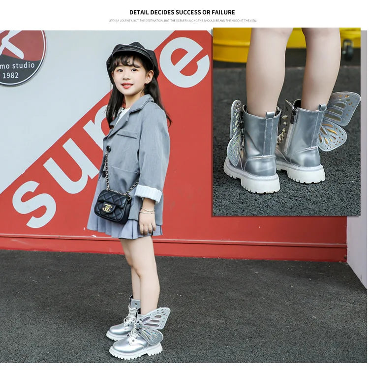 Girls Boots 2025 New Autumn Winter Fashion Butterfly Princess Botas Casual Non-slip Ankle Boots Silver Patent Leather Kids Shoes