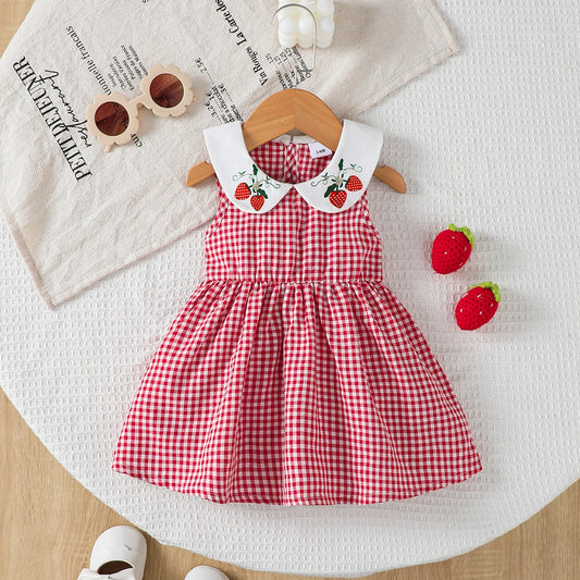 Cute Baby Girl Dress Doll Collar Strawberry Print in Red Checkered Pattern Dress