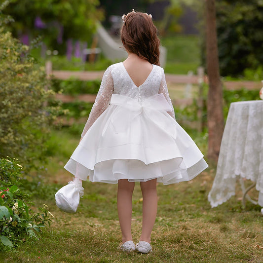 Fashion Sequins White Wedding Girls Party Dress Formal Bow Birthday Princess Dress