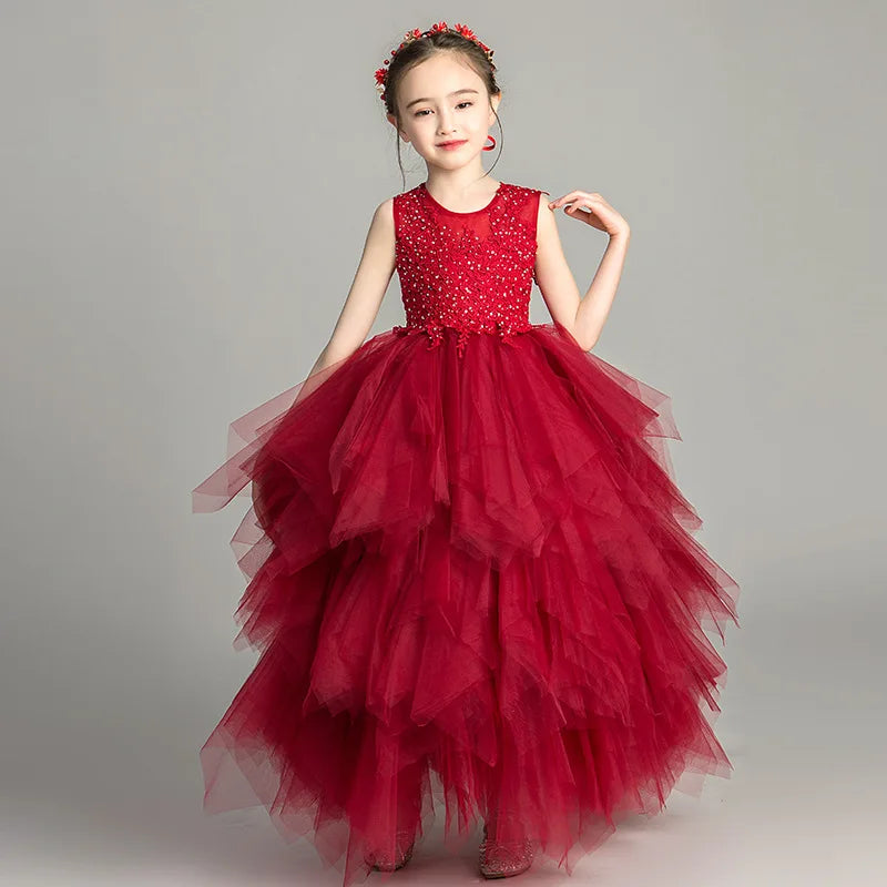 2025 Girls Catwalk Pink Flower Girl Tulle Tutu Wedding Host  Dress