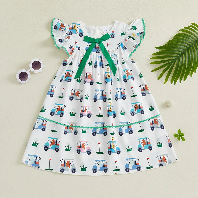 Girls Summer Sleeveless Round Neck Floral Print A-line Dress with Bow Detail
