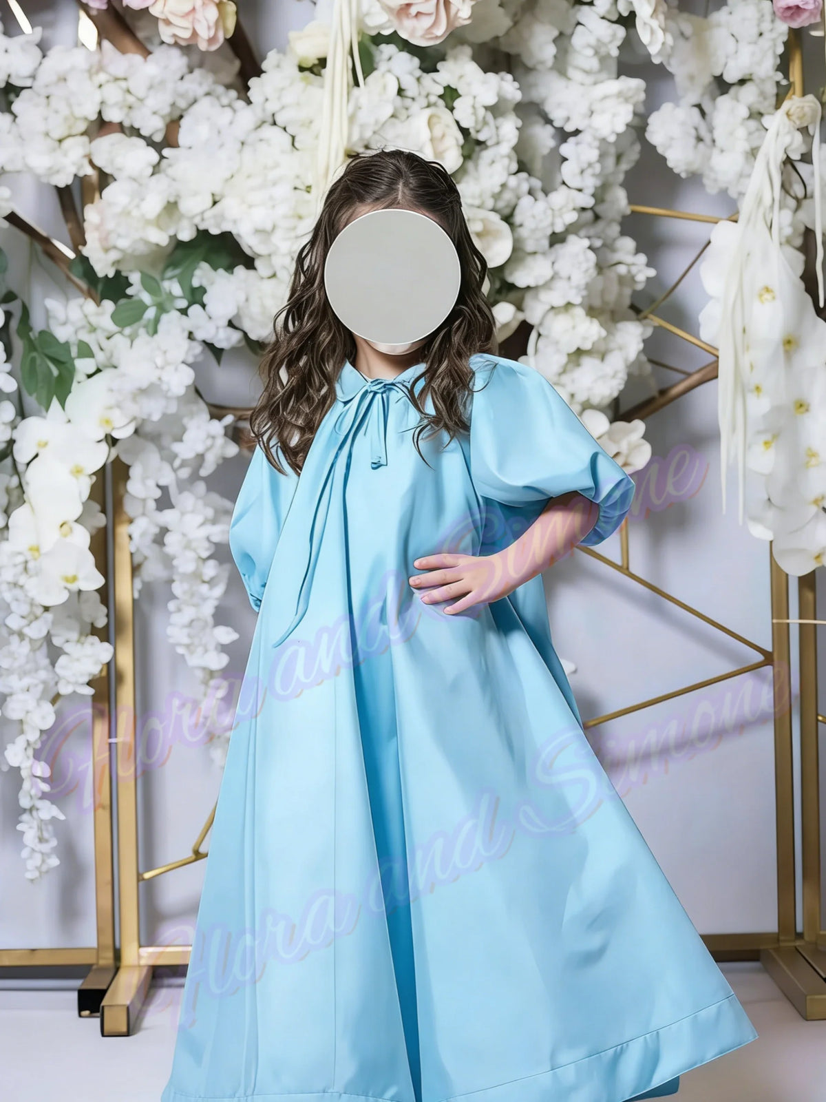 Girl Gowns Half Sleeves Ribbon Pink Satin Flower Girl Dress for Wedding Ceremonies