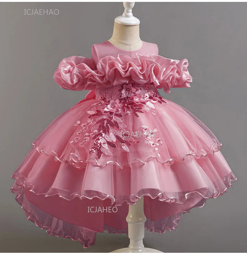 Girls Flower Girl Dress with Train Tulle Princess Gown Christmas Birthday Party Pageant Formal Dresses Kids Children Clothing