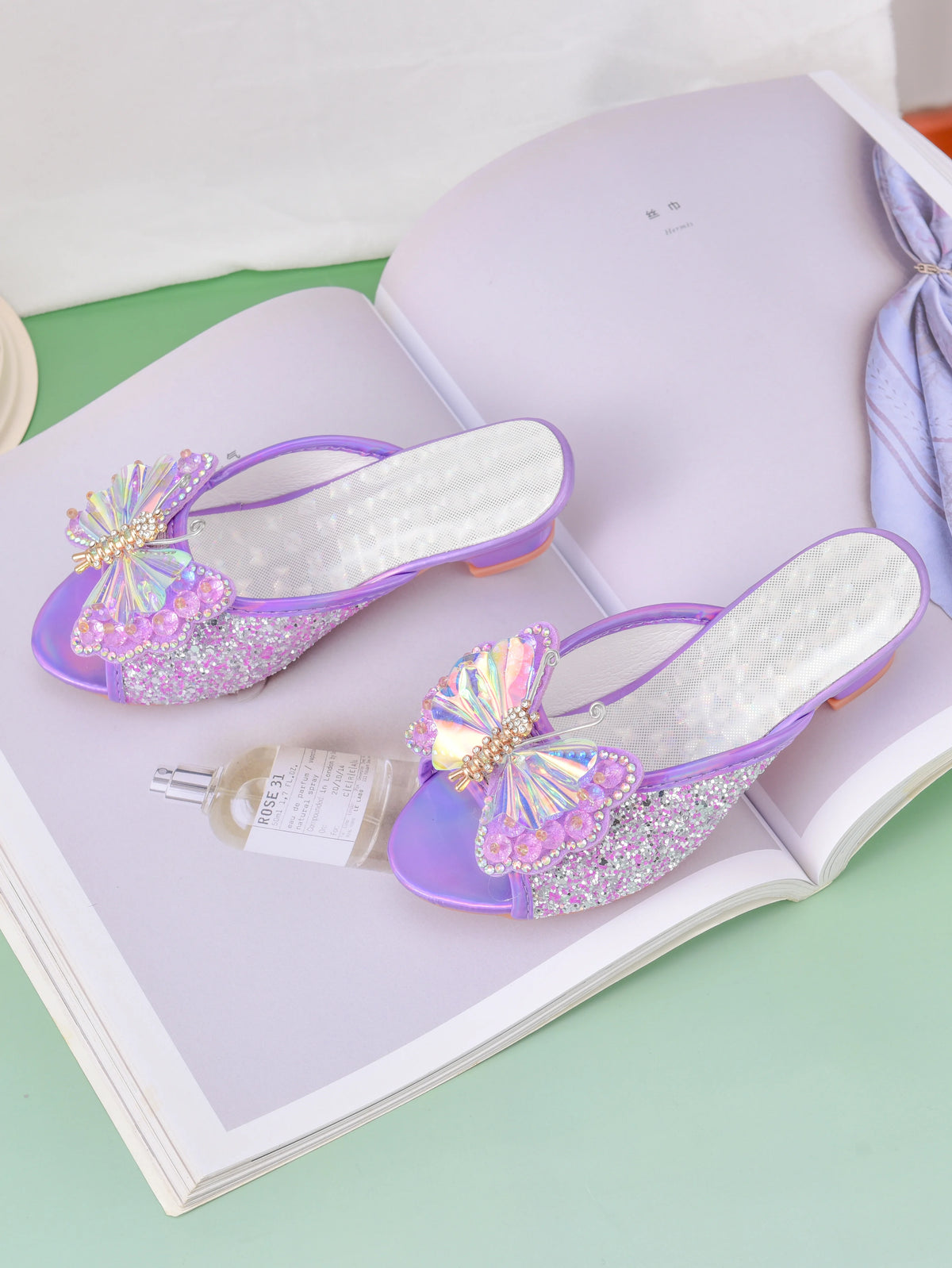 Girl's princess high-heeled slippers with bow and crystal design, children's shoes