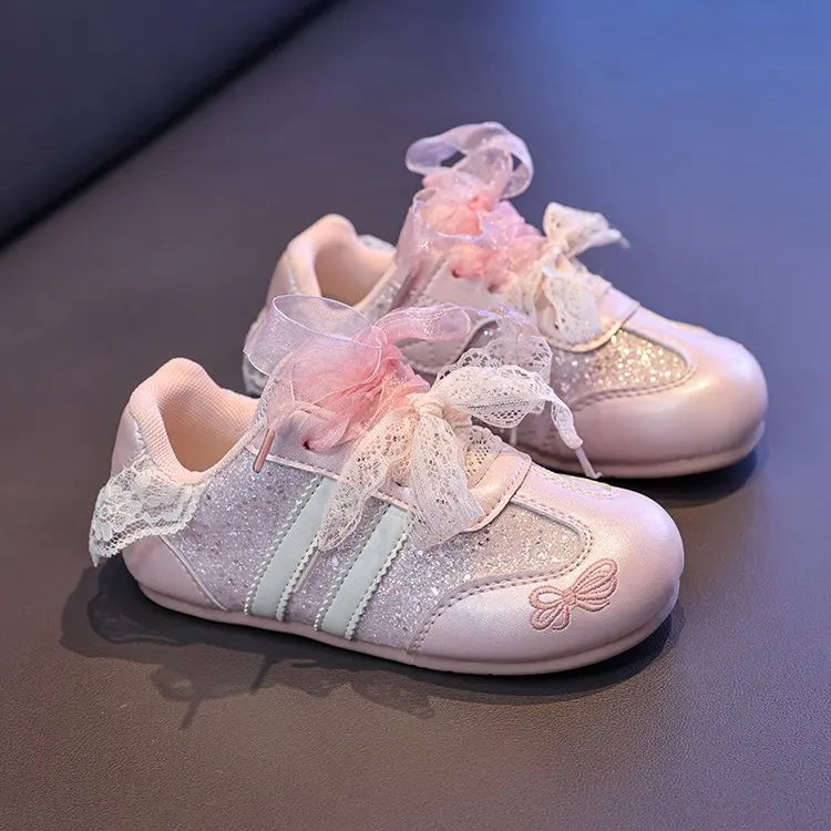 2026 Girls' Spring/Summer New Style Sneakers Pink Cute Flower, Fashion Versatile Casual Shoes, Lace Bow Cute, Non-Slip Soft Sole