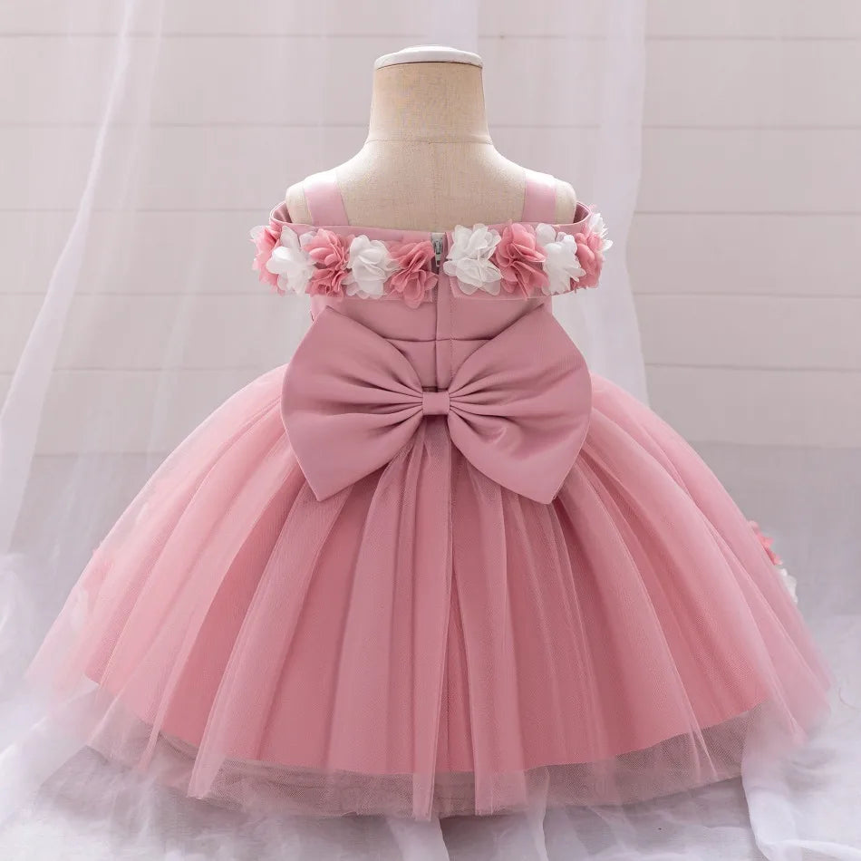 New Baby Girls 1st Princess Dress Infant Three-dimensional Flower One-word Shoulder Mesh Dress Baby Girl Performance Dress ASQ03