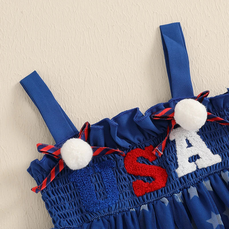 Cute Toddler Independence Day Outfit Red White Blue Striped Ruffle Sleeveless Dress