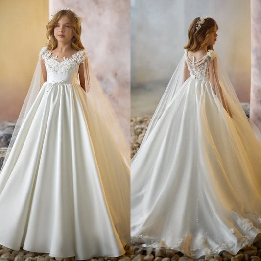 Elegant White Flower Girl Dresses With Wrap Customized Appliqued Litter Girls