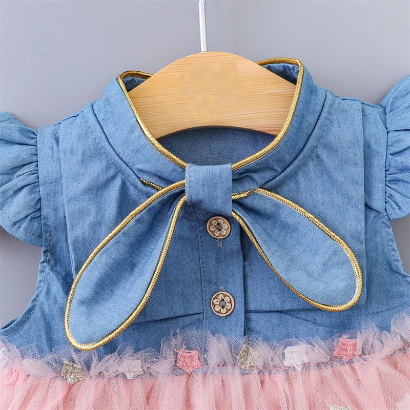 Baby Girls Dresses Summer 1-4Years Kids Tulle Dress Ruffles Sleeve Denim Cotton Mesh