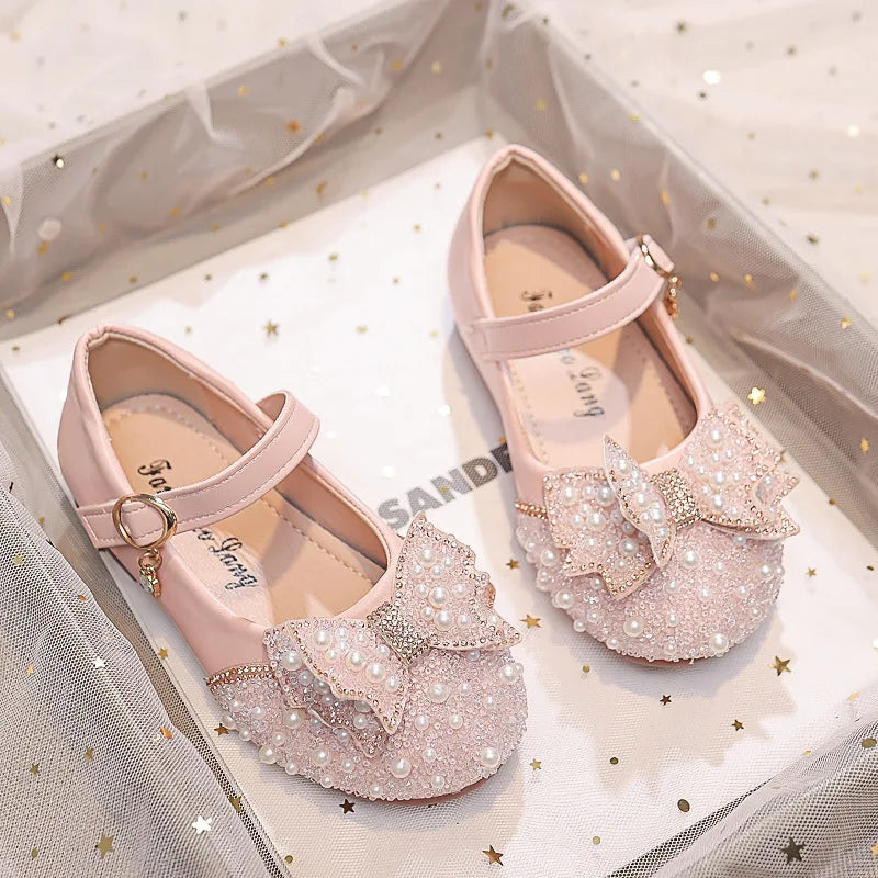 Autumn Fashion Pearl Bow Rhinestone Little Girl Shoes Flat Heels Kids Princess Shoes