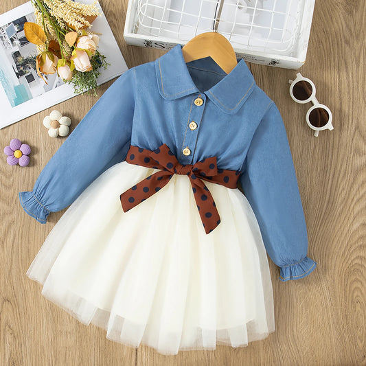 Spring Long Sleeved Dress Girl Denim Blue Dress Fake Two Pieces Tutu Dress