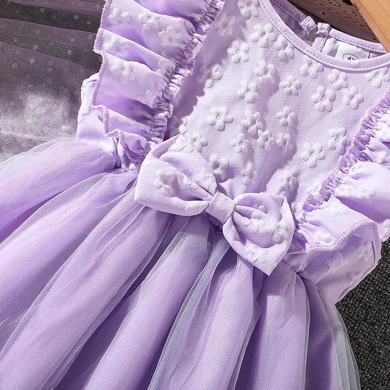 Dress For Girls Yellow O-Neck Fly-Sleeve Tulle Bowknot