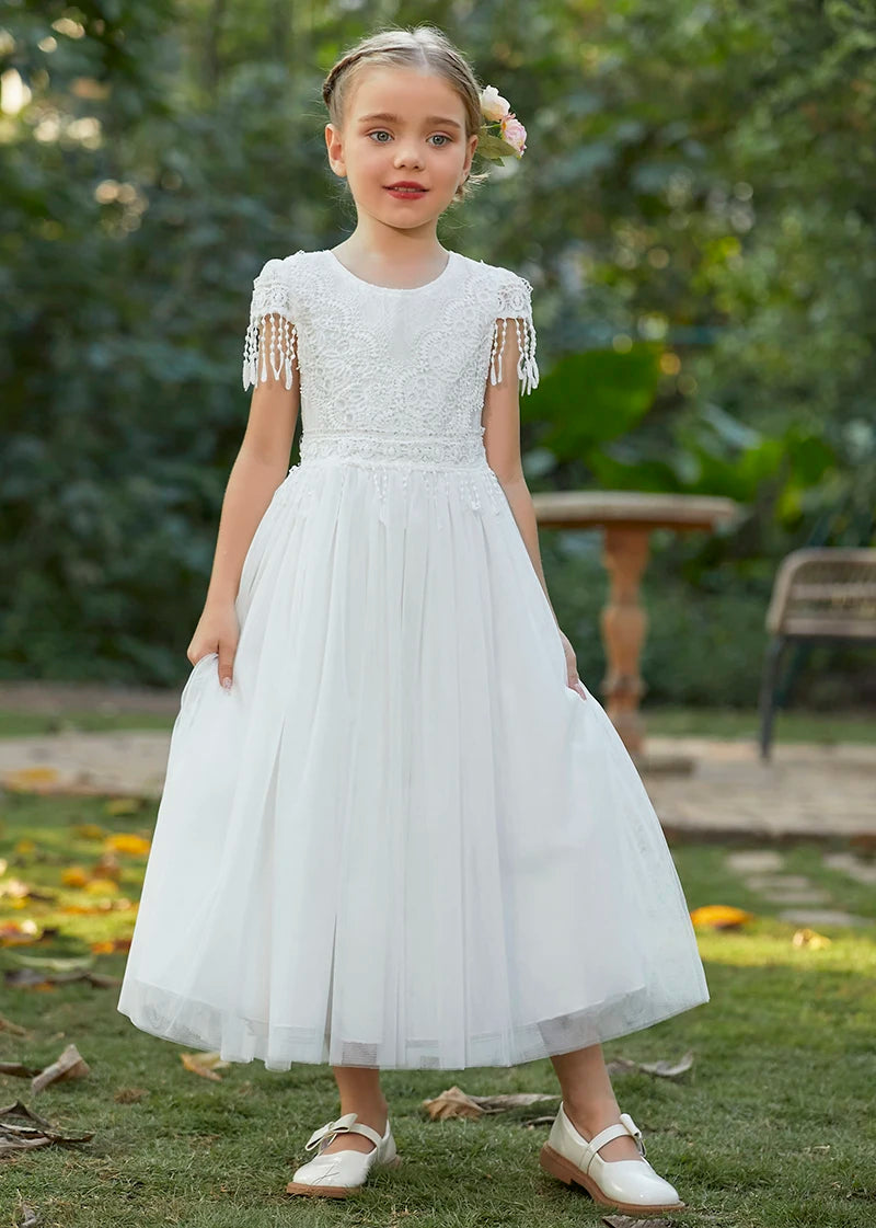 Christmas Girl's New Bohemian Style Lace Tassel Flower Backless Solid Color Dress