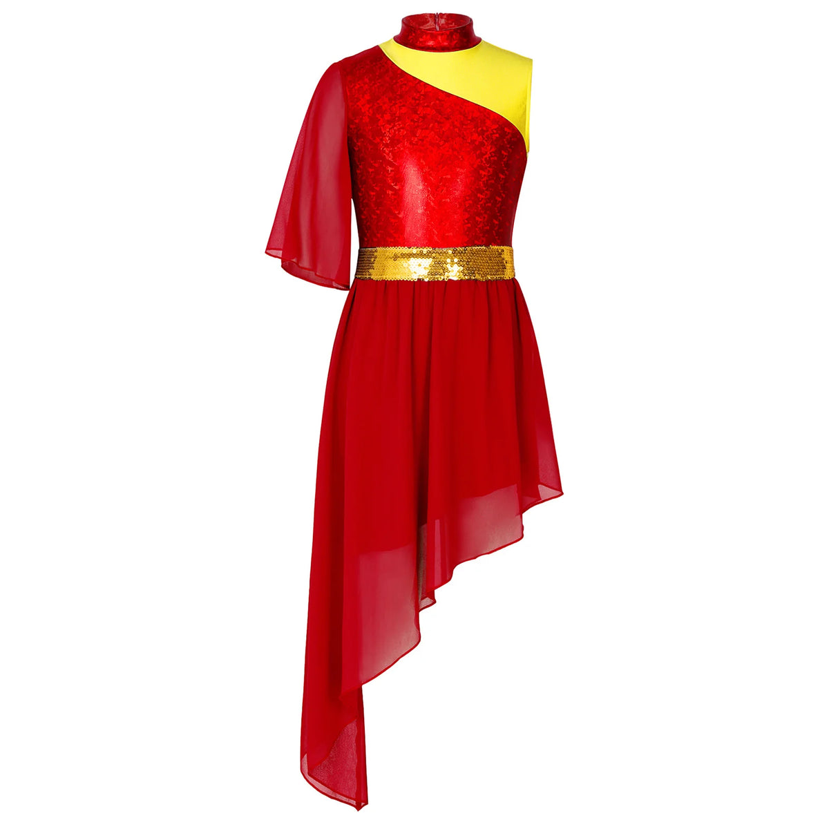 Kids Girls Lyrical Contemporary Worship Liturgical Praise Dance Dress Flare Sleeve Sequin Splice Dress Performance Costume