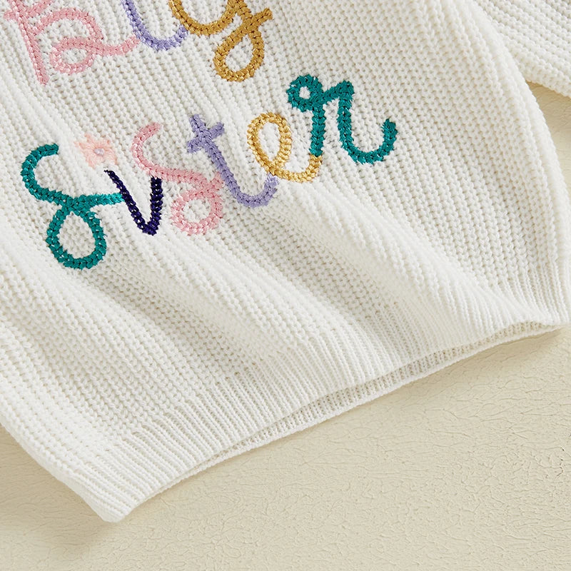 Nahiomy Girls Big Sister Fall Winter Sweater Casual Letter Flower Embroidery