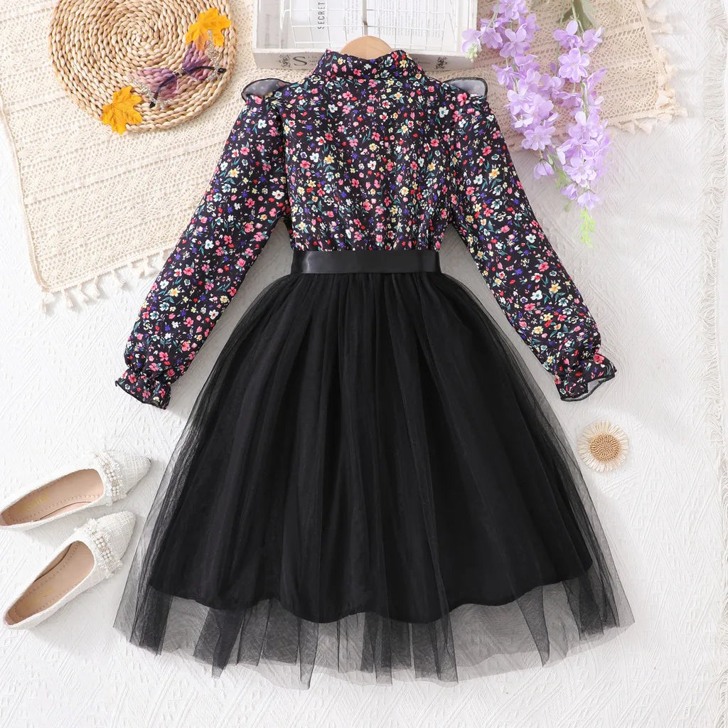 Kids Girl Black Dress Summer Long Sleeve Floral Gauze Belt Children Dress