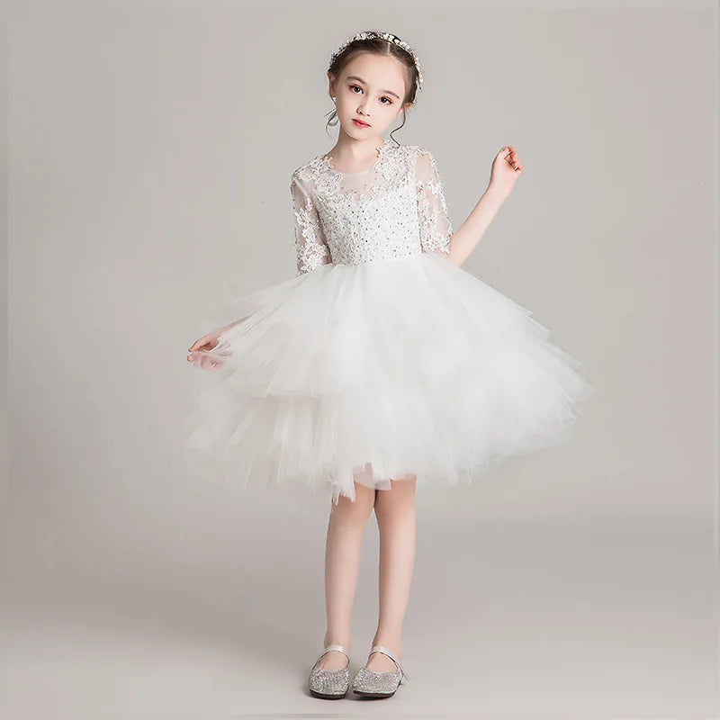 2025 Girls Catwalk Pink Flower Girl Tulle Tutu Wedding Host  Dress