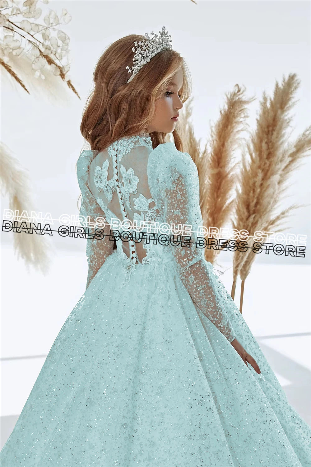 White Elegant Princess Flowers Girl Dress with Belt Lace Embroidery