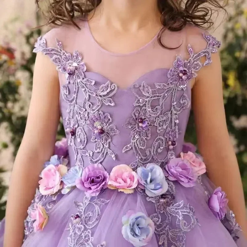 Girls Wedding Flower Girl Dress Sheer Neckline Floral Embroidered Tulle Gown 3D Flower Party Dress