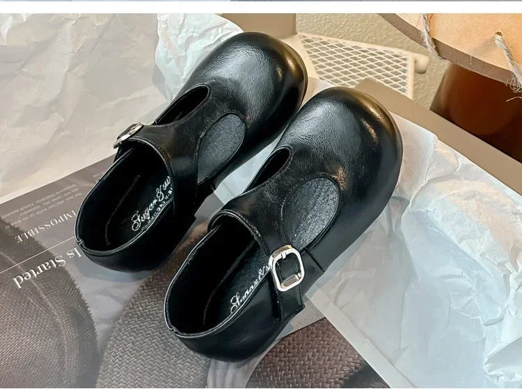 Girls Princess Shoes Black Round Toes 2025 New Fashion Kids Performance Shoes Pu Leather Non-slip Children Flat Shoes Hook&loop