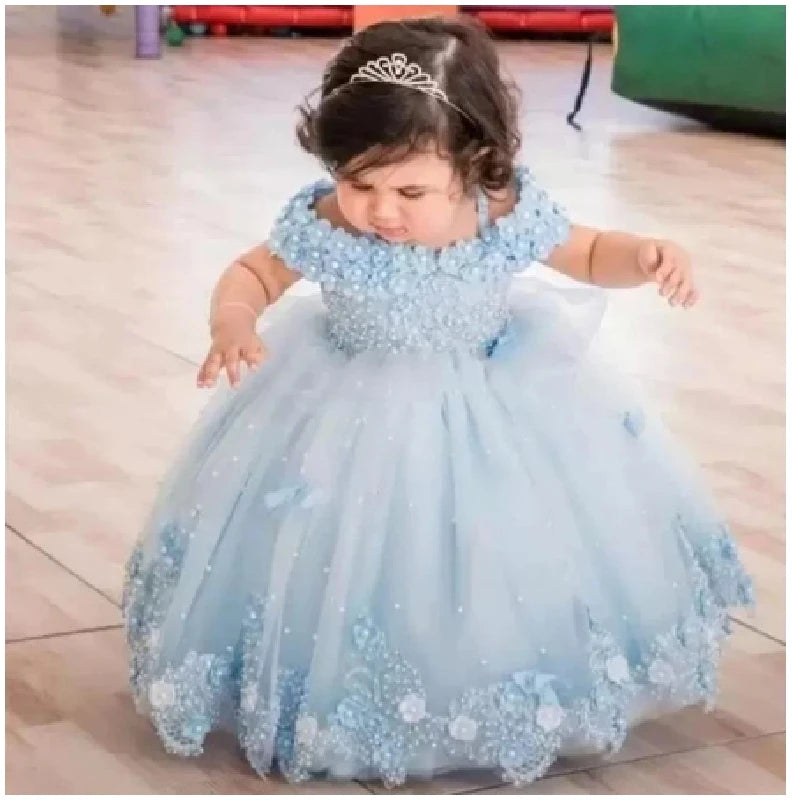 Baby Girls Dresses Off Shoulder Pearls Lace Butterflies Flower Princess Dress