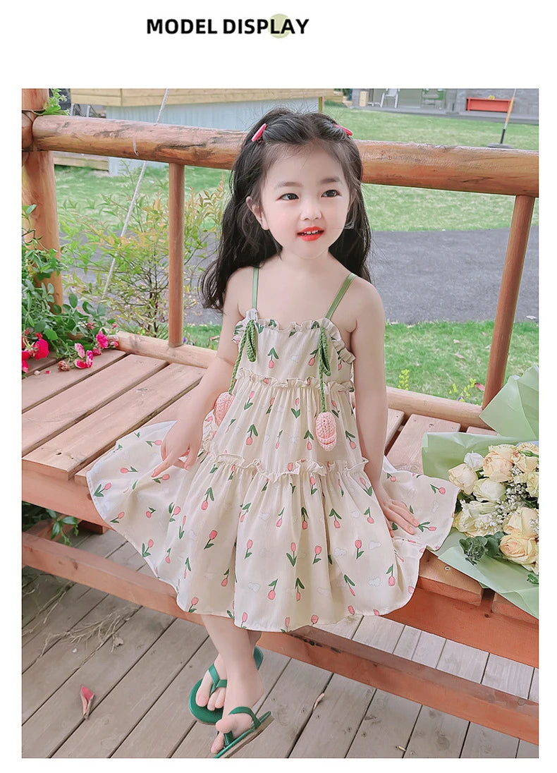 Baby Girl Summer Dress Sweet Floral Pattern Halter Dress Korean Version of The Lovely Baby Girl Princess Dresses