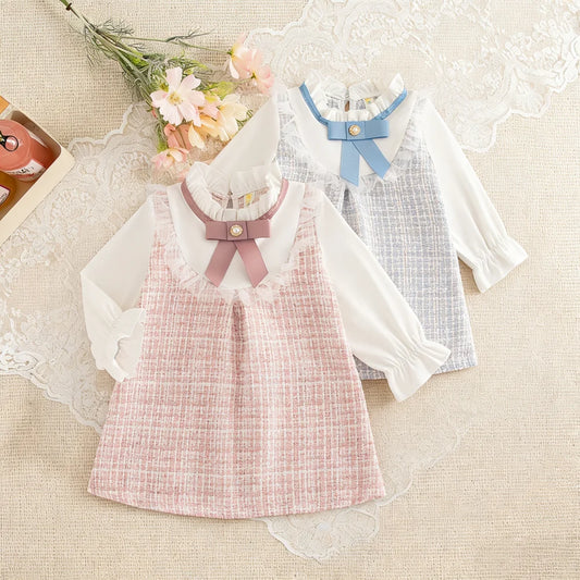 Baby Girl Dresses Spring/Fall Bow-Tie Plaid Long-Sleeve Girls' Dress Adorable Princess Baby Dress