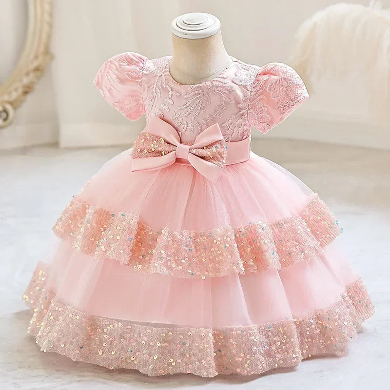 Fashion Bow Girls Party Dresses Cotton Short Sleeve Bridesmaid Dress
