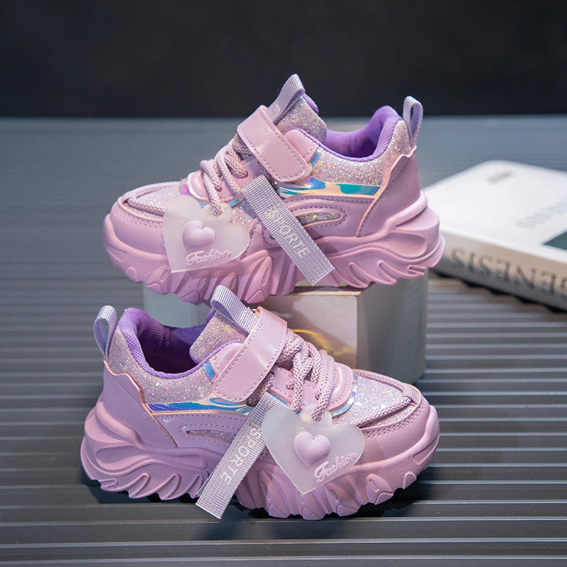 Girls Sports Shoes Kids Running Sneakers for School Fashion Cute Shiny Non-slip Children's